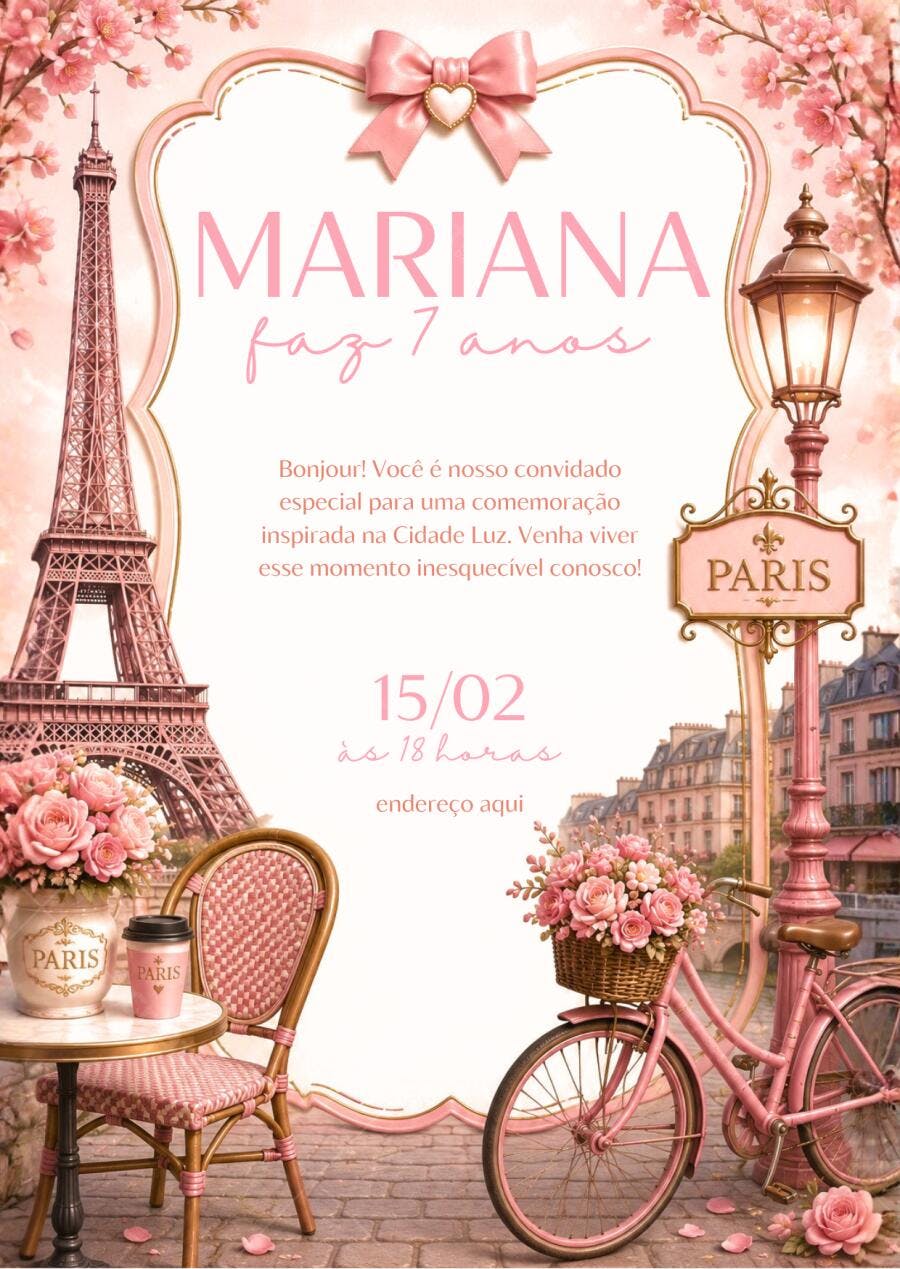 Convite Aniversário Paris Torre Eiffel Rosa 7 Anos Editável