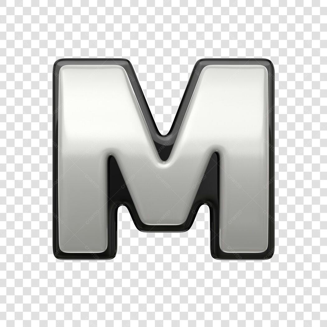 Elemento 3D Letra M Prata Metalizada PNG Fundo Transparente