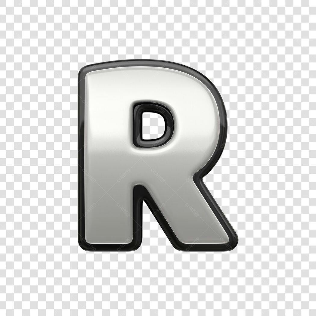 Elemento 3D Letra R Prata Metalizada PNG Fundo Transparente