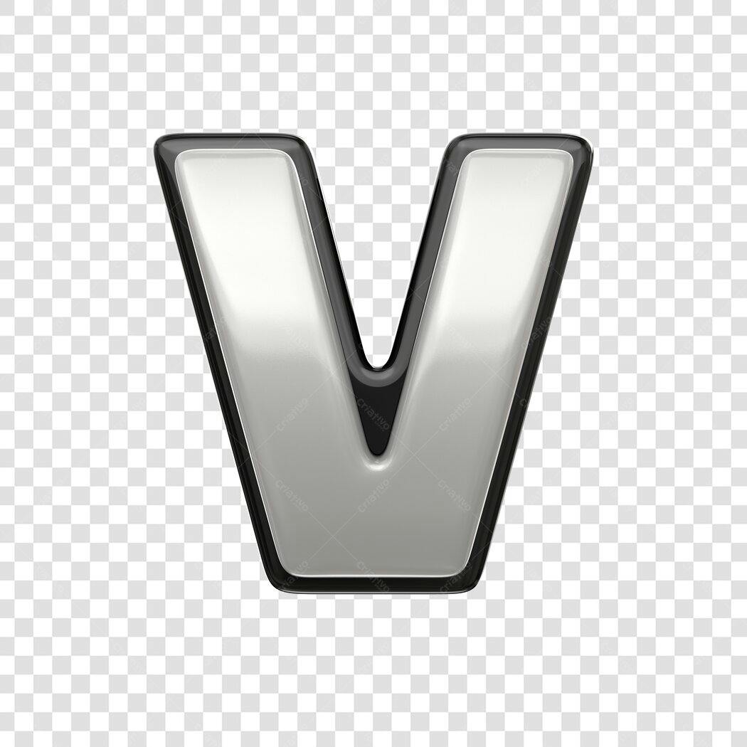 Elemento 3D Letra V Prata Metálico PNG Fundo Transparente