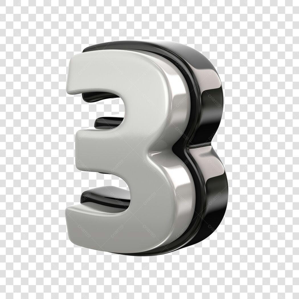Elemento 3D Número 3 Branco e Preto PNG Fundo Transparente