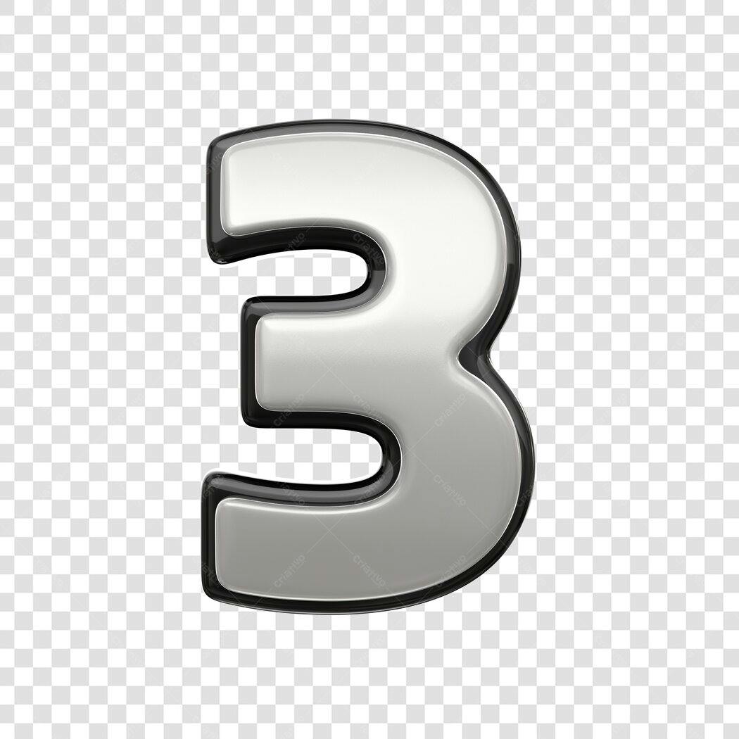 Elemento 3D Número 3 Prata Brilhante PNG Fundo Transparente