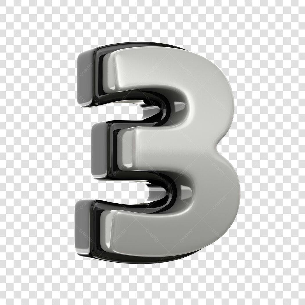 Elemento 3D Número 3 Prata Cromado PNG Fundo Transparente