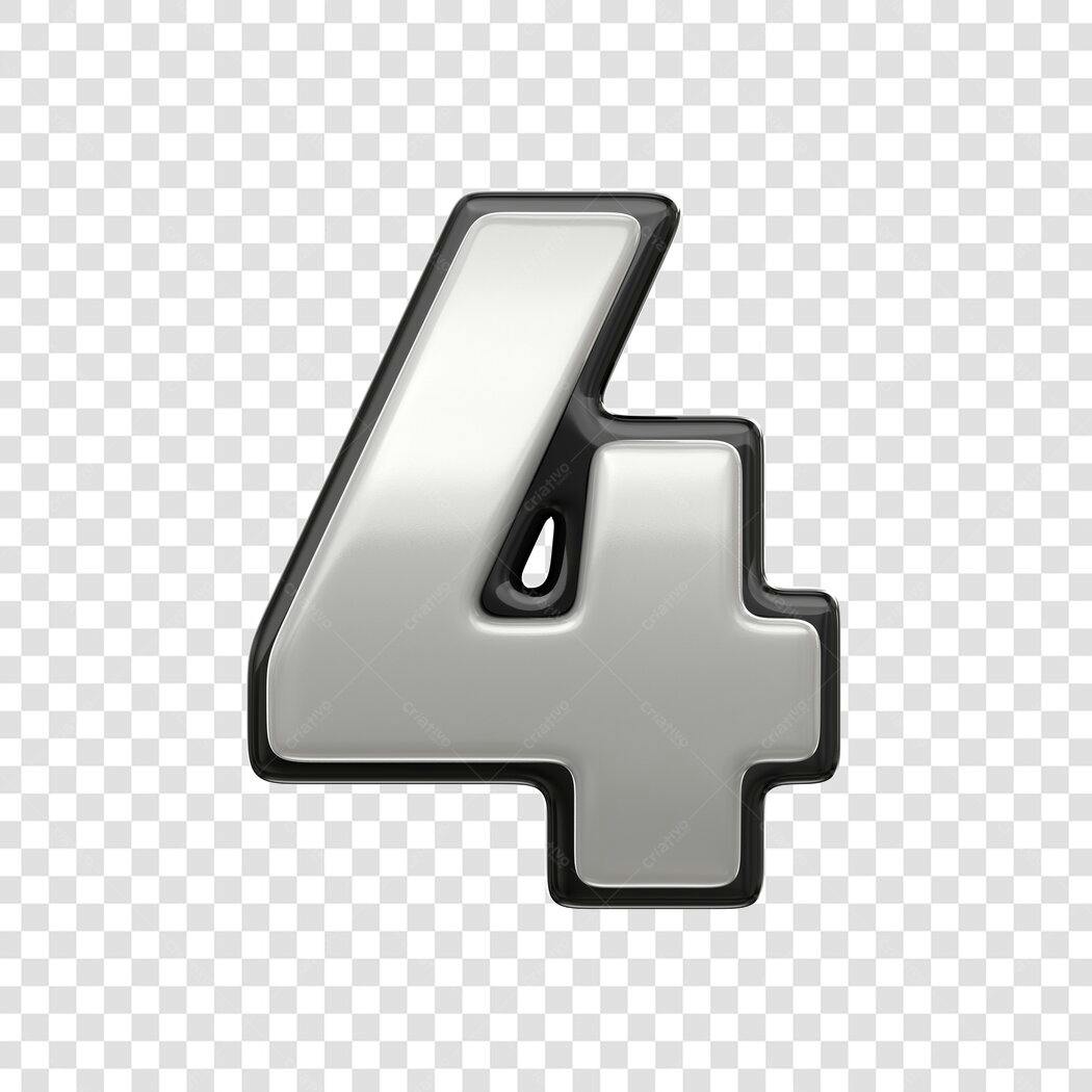 Elemento 3D Número 4 Branco Cromado PNG Fundo Transparente