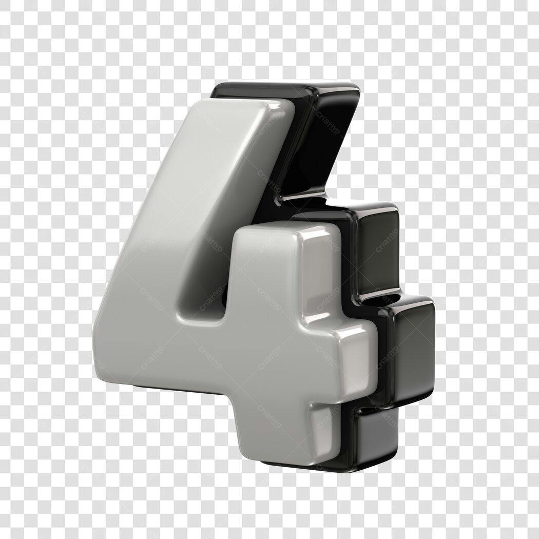 Elemento 3D Número 4 Preto e Branco PNG Fundo Transparente