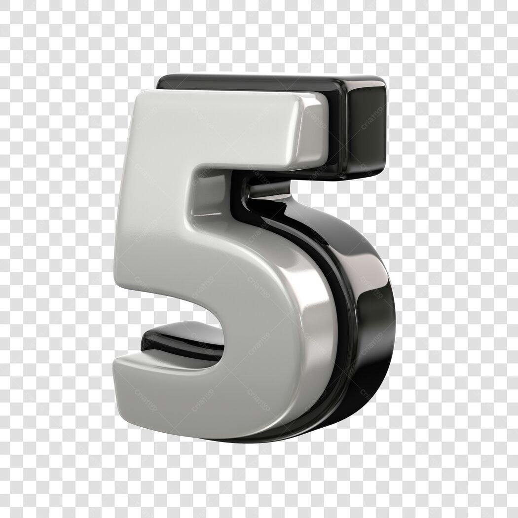 Elemento 3D Número 5 Prata e Preto PNG Fundo Transparente