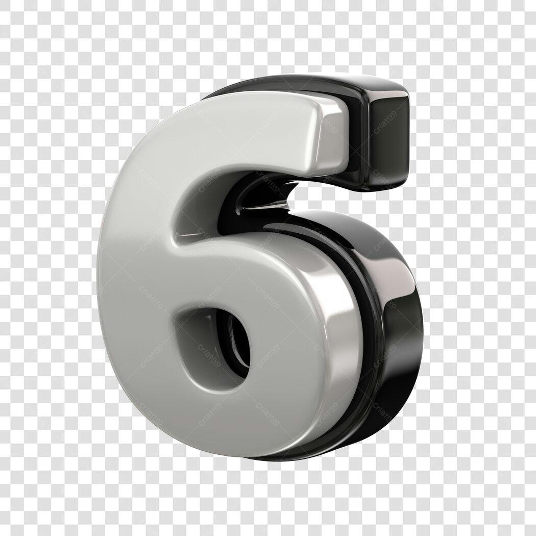 Elemento 3D Número 6 Branco e Preto PNG Fundo Transparente