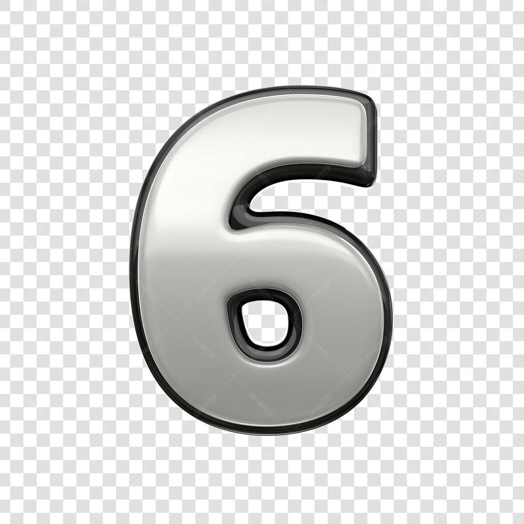 Elemento 3D Número 6 Prata Cromado PNG Fundo Transparente