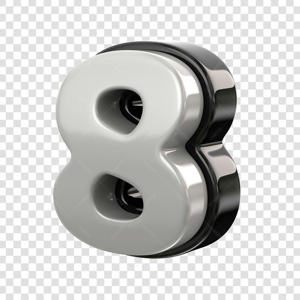 Elemento 3D Número 8 Branco e Preto PNG Fundo Transparente
