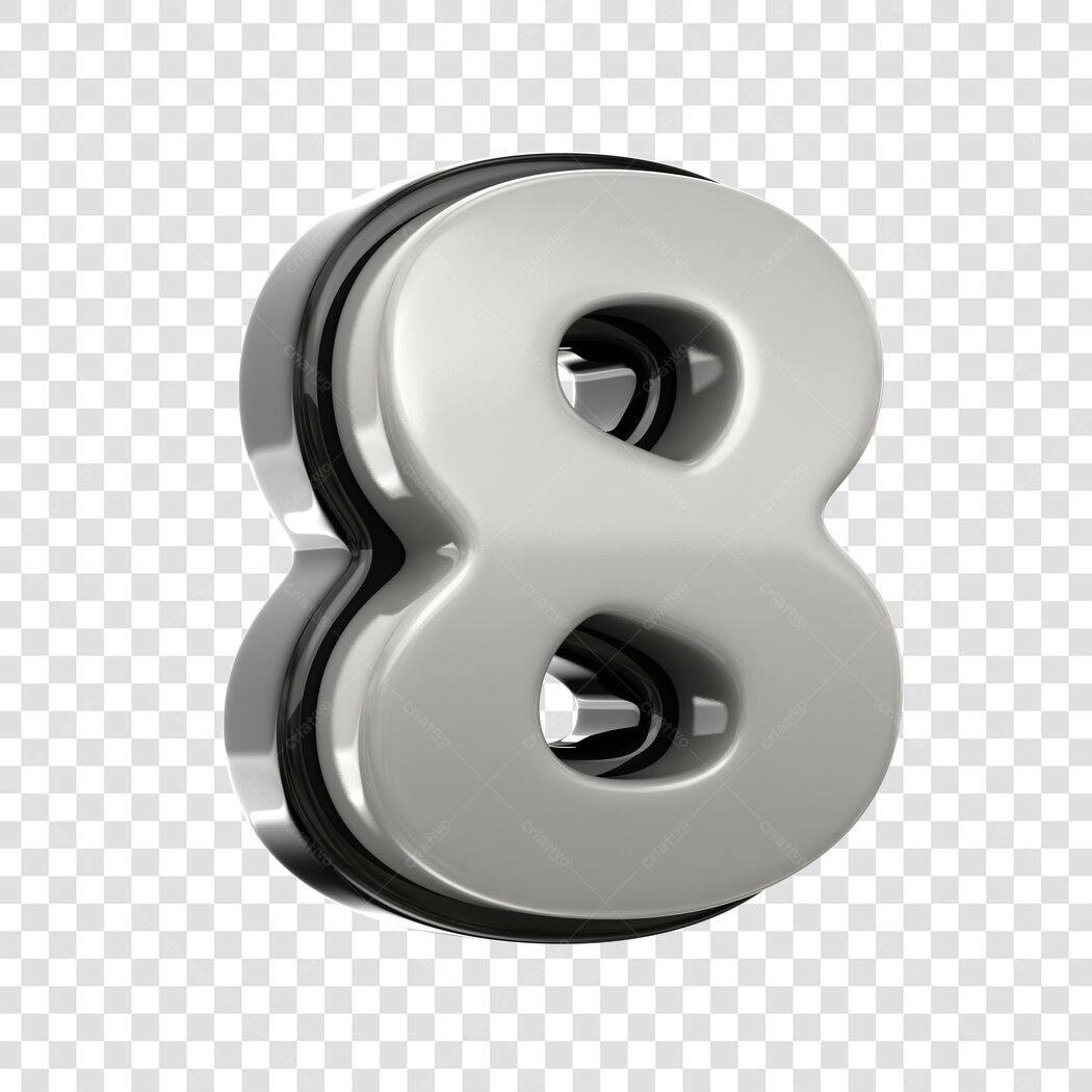 Elemento 3D Número 8 Prata Metálico PNG Fundo Transparente