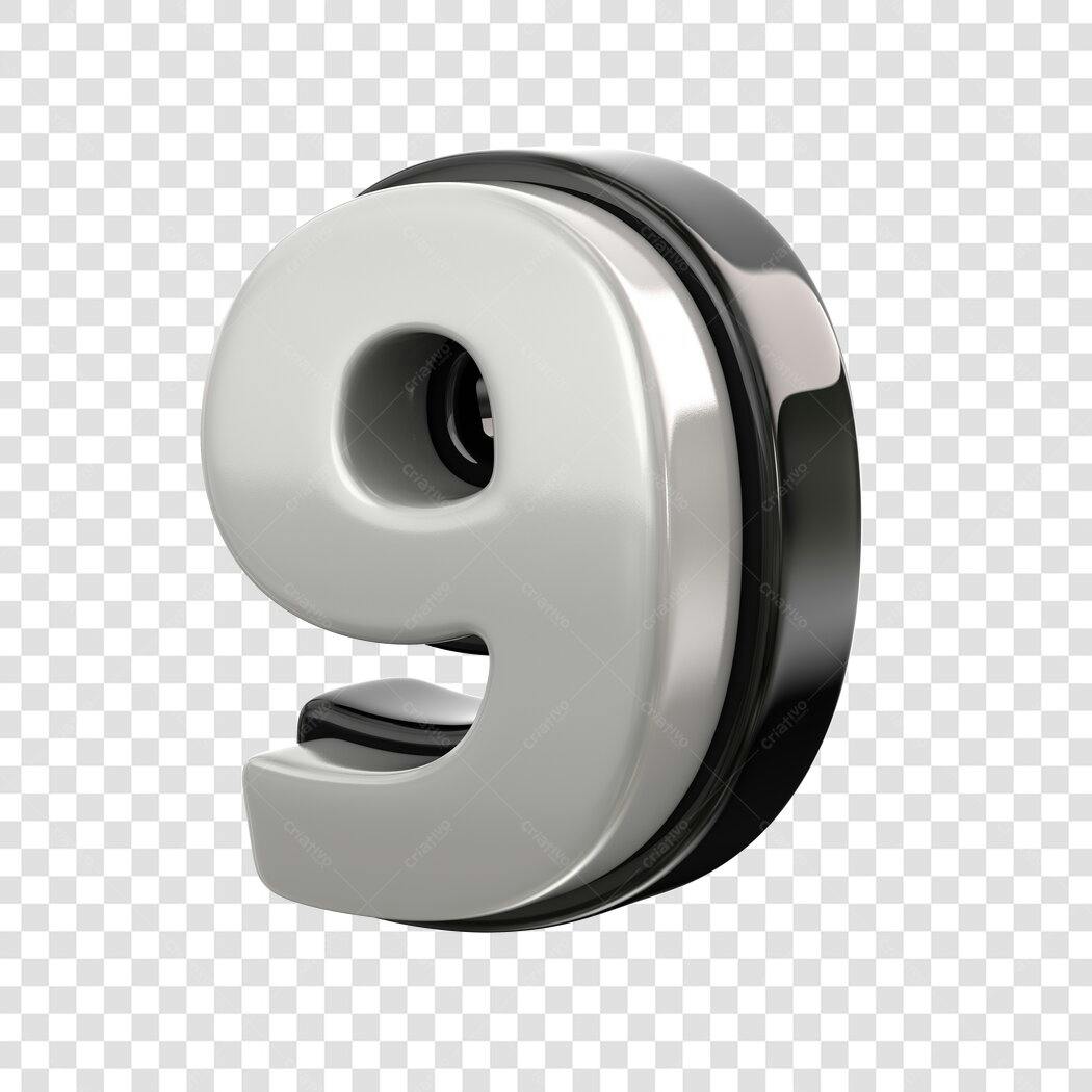 Elemento 3D Número 9 Branco e Preto PNG Fundo Transparente