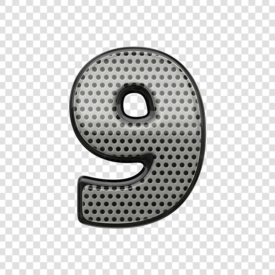 Elemento 3D Número 9 Metálico Perfurado PNG Fundo Transparente