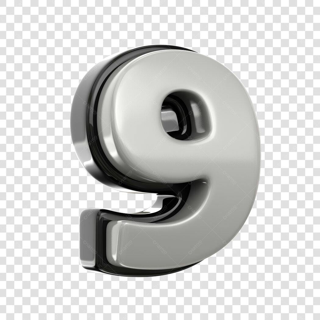 Elemento 3D Número 9 Prata Cromado PNG Fundo Transparente