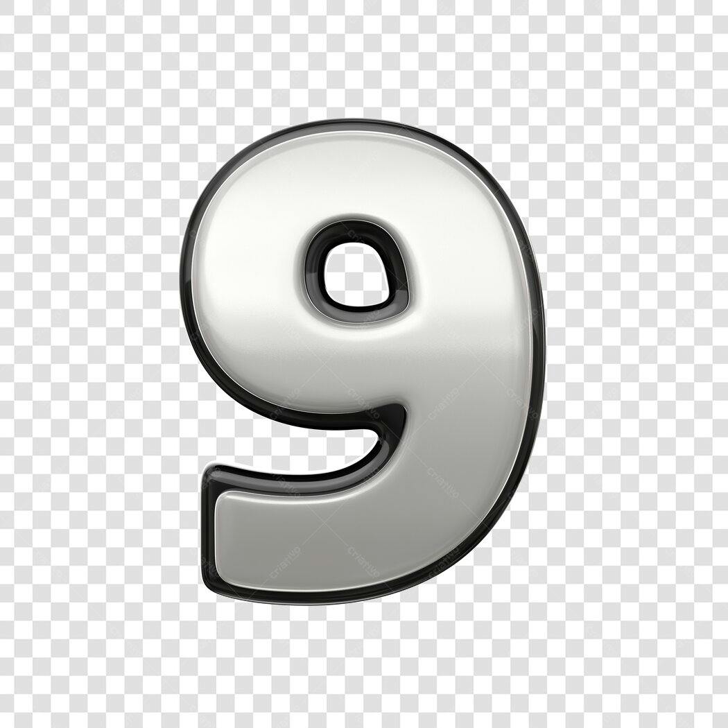 Elemento 3D Número 9 Prata Metalizado PNG Fundo Transparente