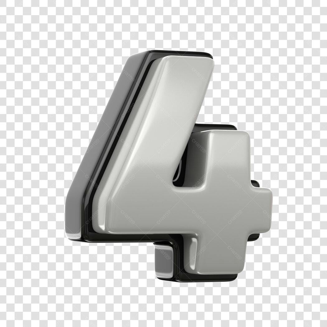 Elemento 3D Número Quatro Prata Brilhante PNG Fundo Transparente