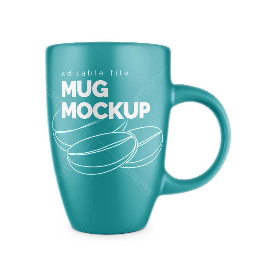 Mockup Caneca Cerâmica Turquesa Frontal Fundo Branco Editável
