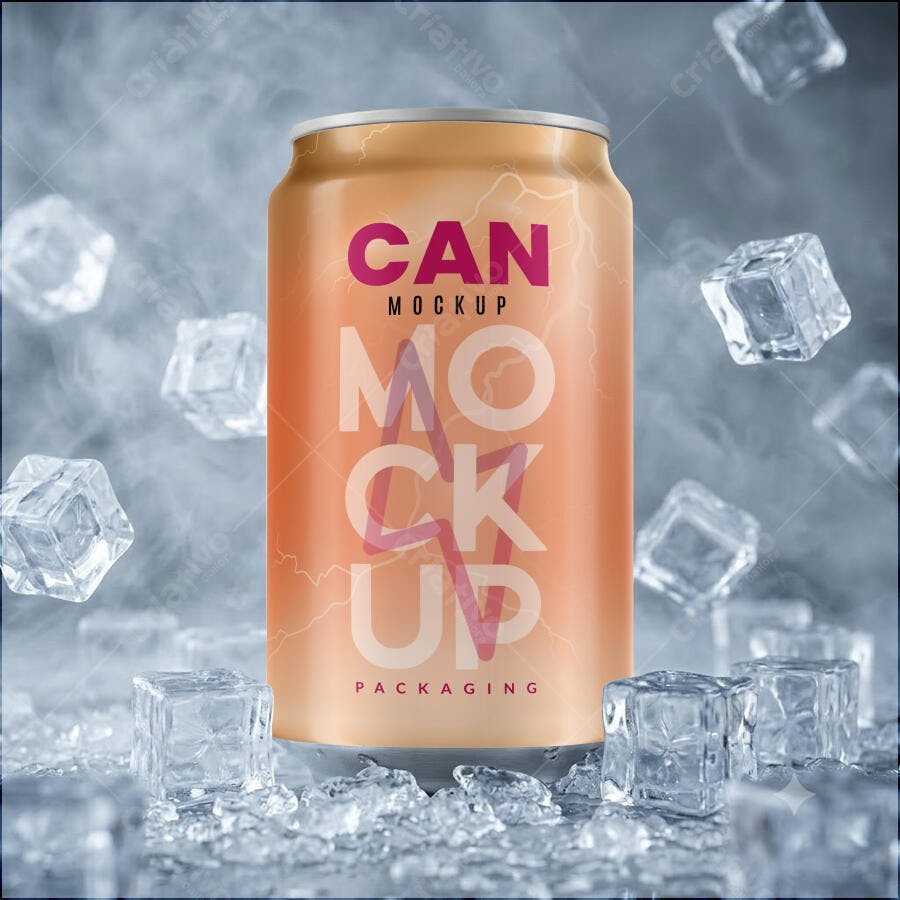 Mockup Lata Refrigerante Metal Gelo e Fumaça Editável