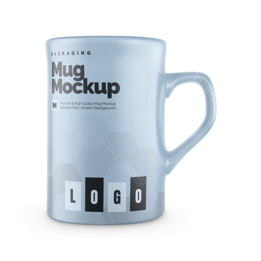 Mockup Realista Caneca Cerâmica Fundo Branco Editável