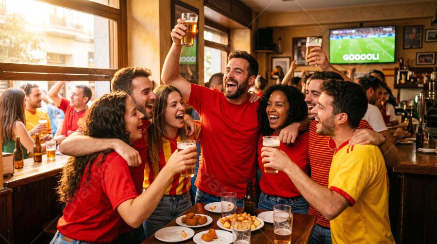 Foto Amigos Celebrando Jogo Futebol Bar Pub Cerveja