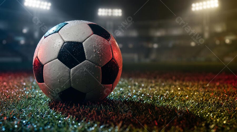 Foto Bola de Futebol Campo Gramado Estádio Iluminado Noite