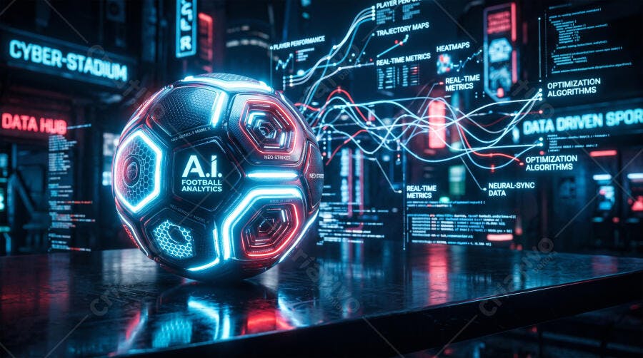 Foto Bola de Futebol IA Analytics Dados Esportivos Cyberpunk