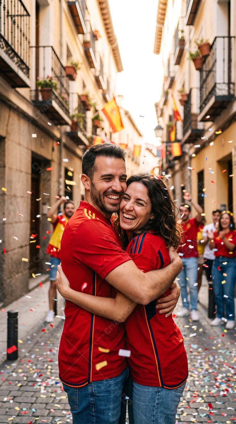 Foto Casal Torcedores Espanha Celebrando Abraçados Rua Confetes