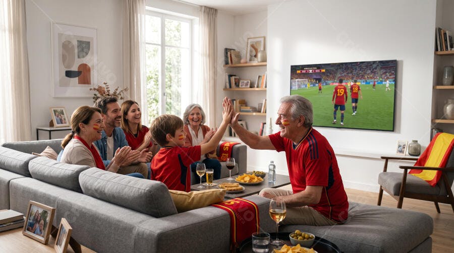 Foto Família Assistindo Futebol TV Celebrando Juntos Sala