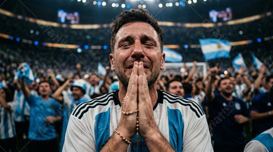 Foto Homem Torcedor Argentino Chorando Oração Estádio Futebol