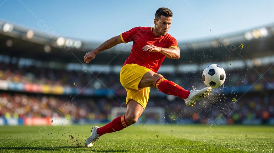 Foto Jogador de Futebol Chutando Bola em Campo de Estádio