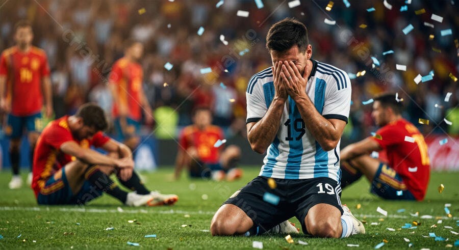 Foto Jogador Futebol Argentina Ajoelhado Derrota Confetes