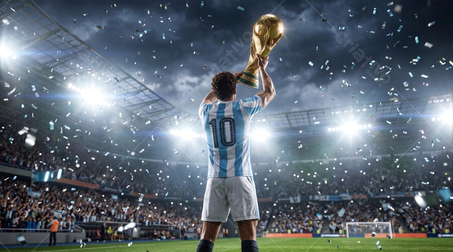 Foto Jogador Futebol Celebrando Copa do Mundo Estádio Lotado