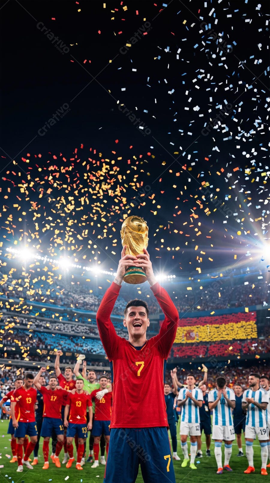 Foto Jogador Futebol Celebrando Taça Confetes Estádio
