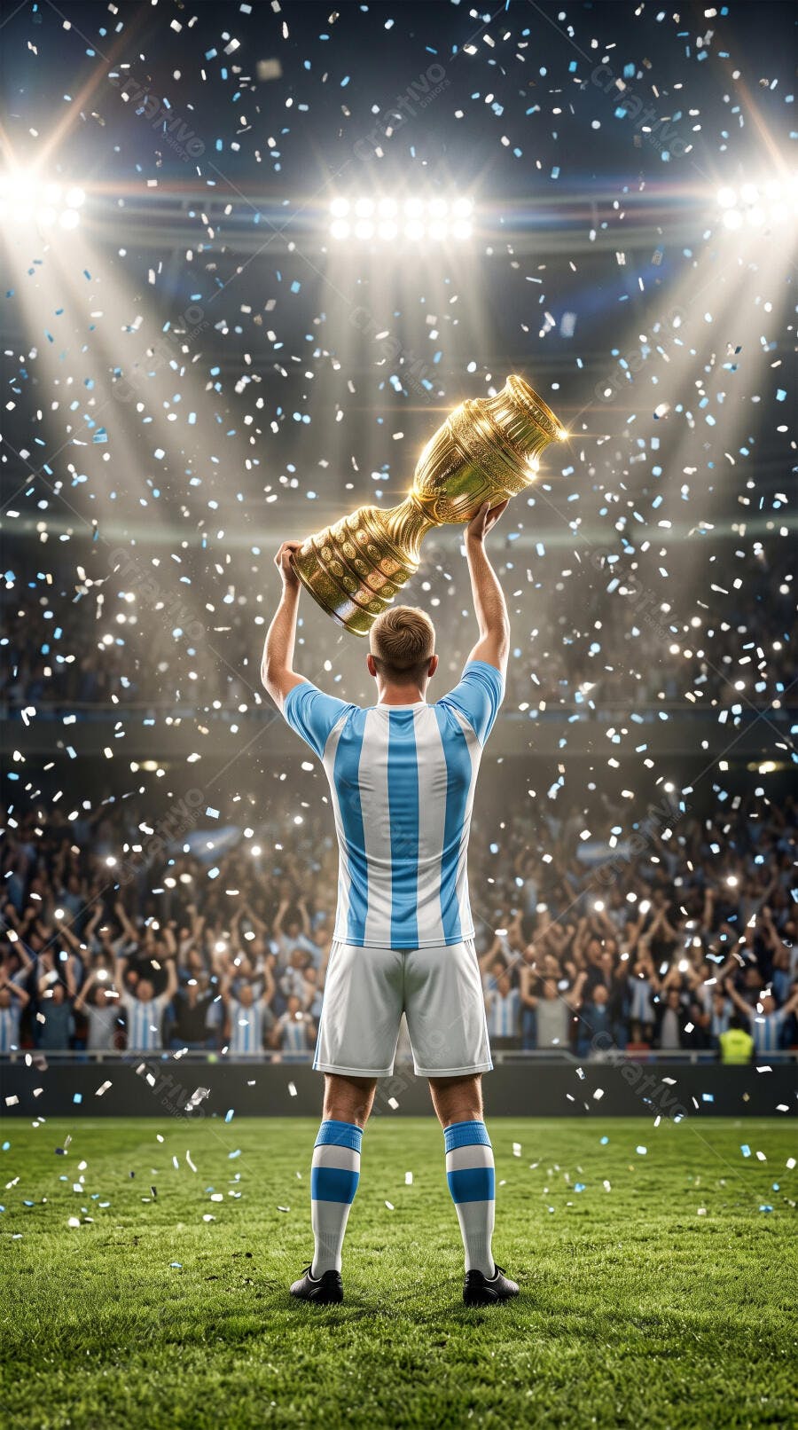 Foto Jogador Futebol Celebrando Troféu Estádio Lotado Confetes