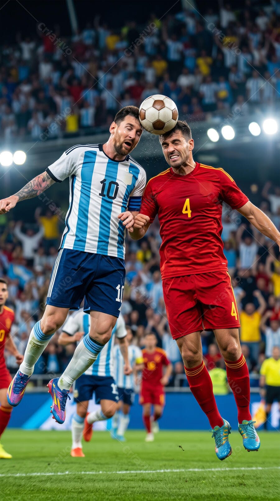 Foto Jogadores Futebol Cabeceando Bola Partida Noturna Estádio