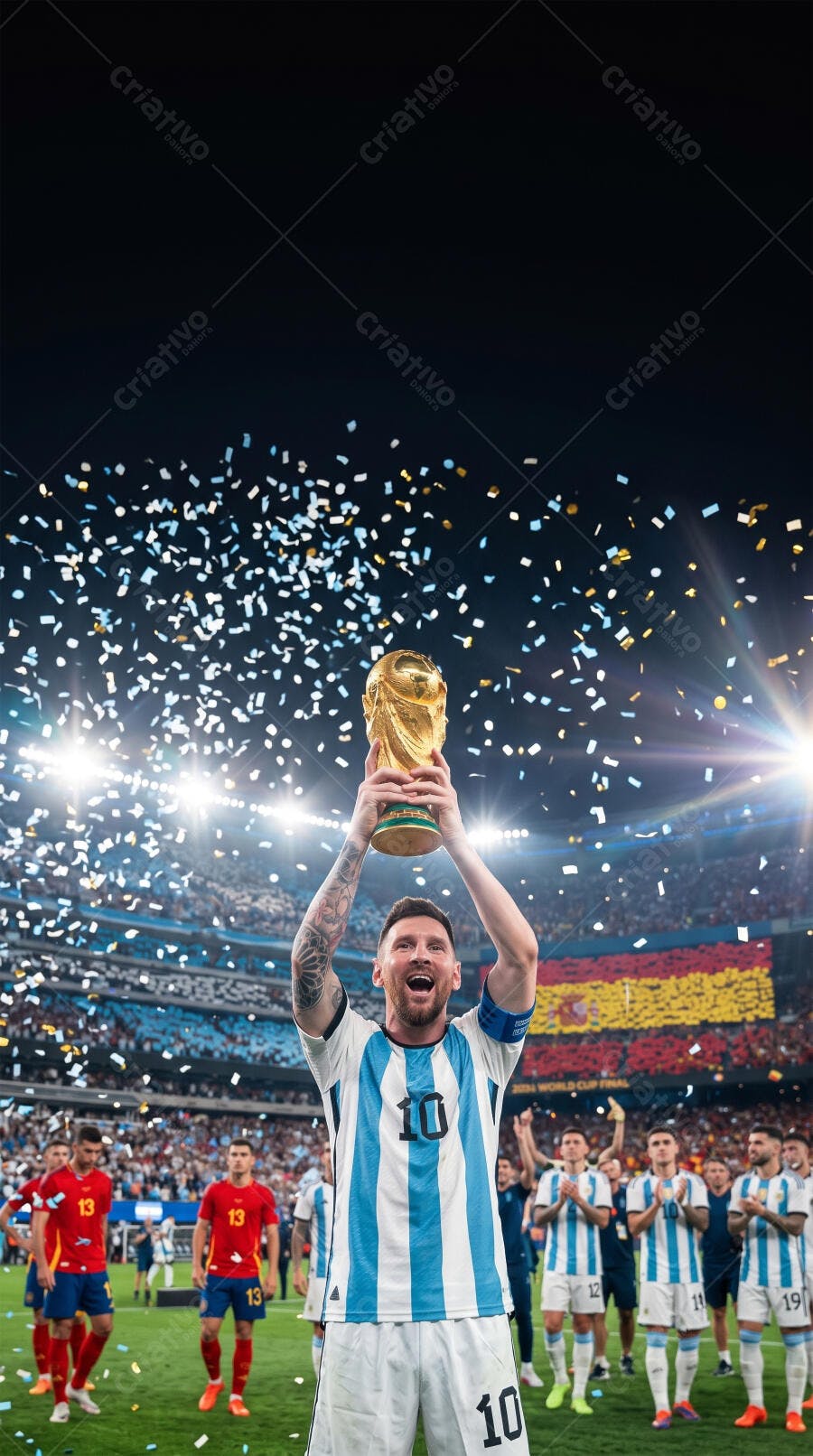 Foto Lionel Messi Celebrando Copa do Mundo Confetes Estádio