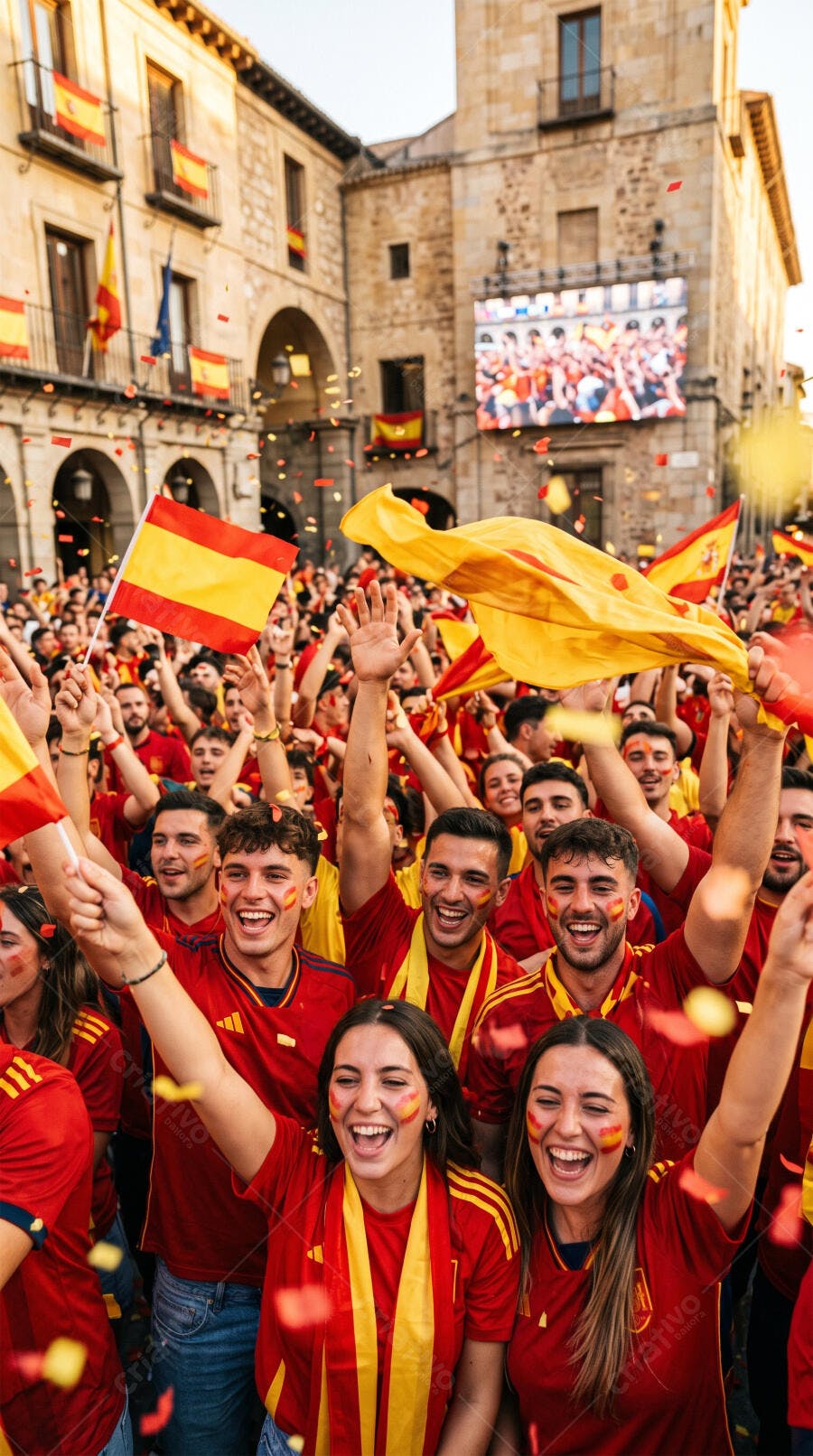 Foto Torcedores Espanha Celebrando Jogo Futebol Praça Urbana