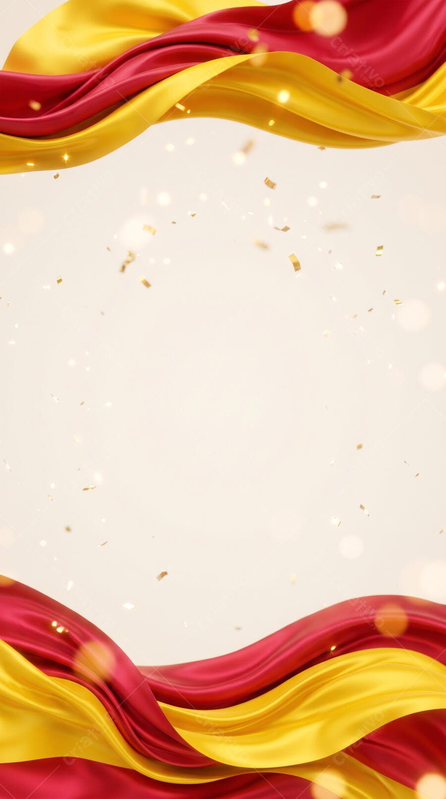 Fundo Abstrato Ondas de Tecido Vermelho e Amarelo Confetes Dourados