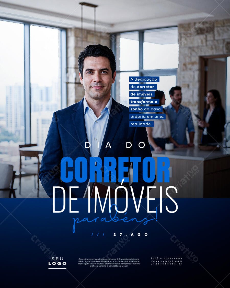 Post Instagram Dia do Corretor de Imóveis 27 de Agosto PSD Editável