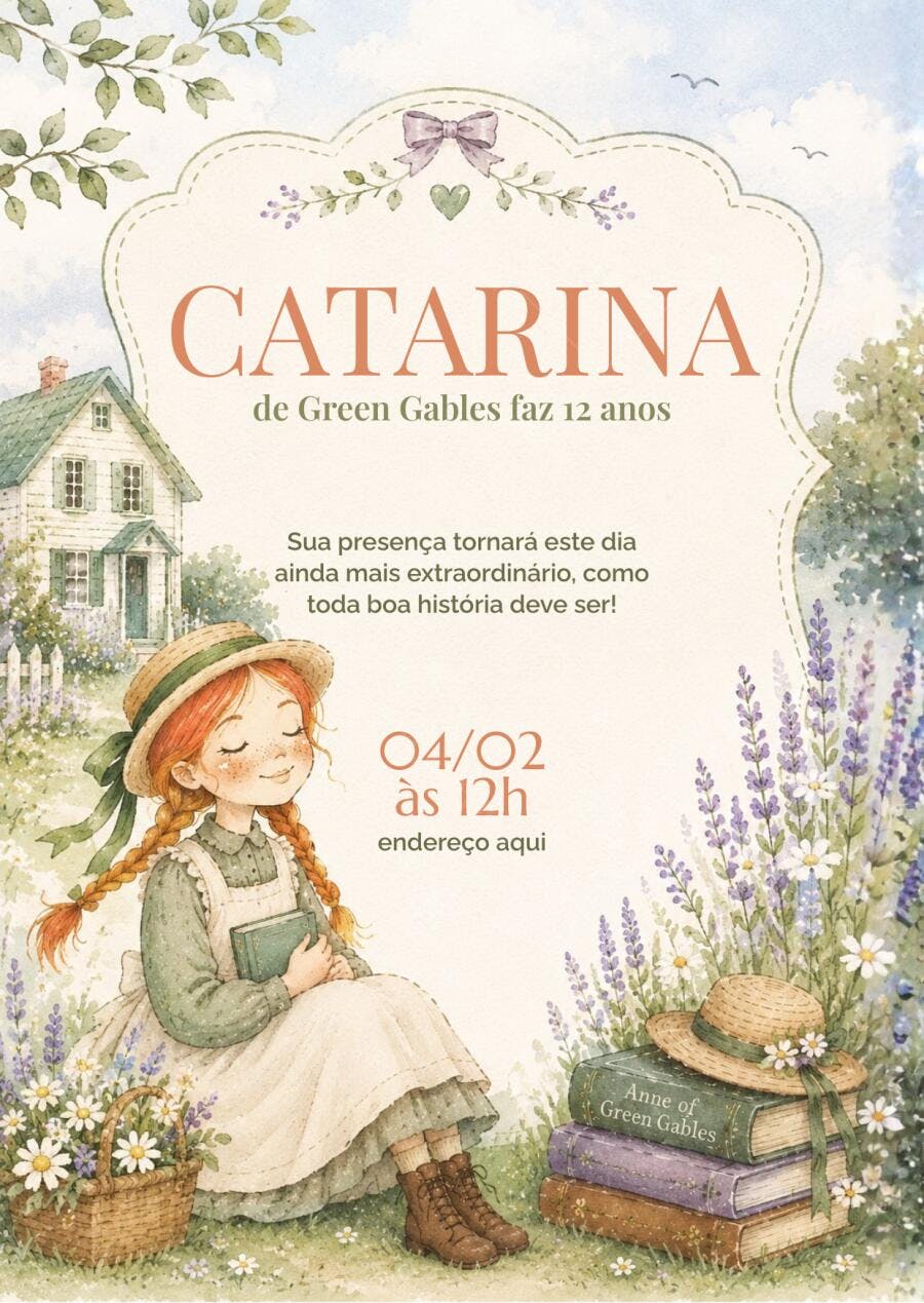 Convite Aniversário Anne de Green Gables 12 Anos Editável