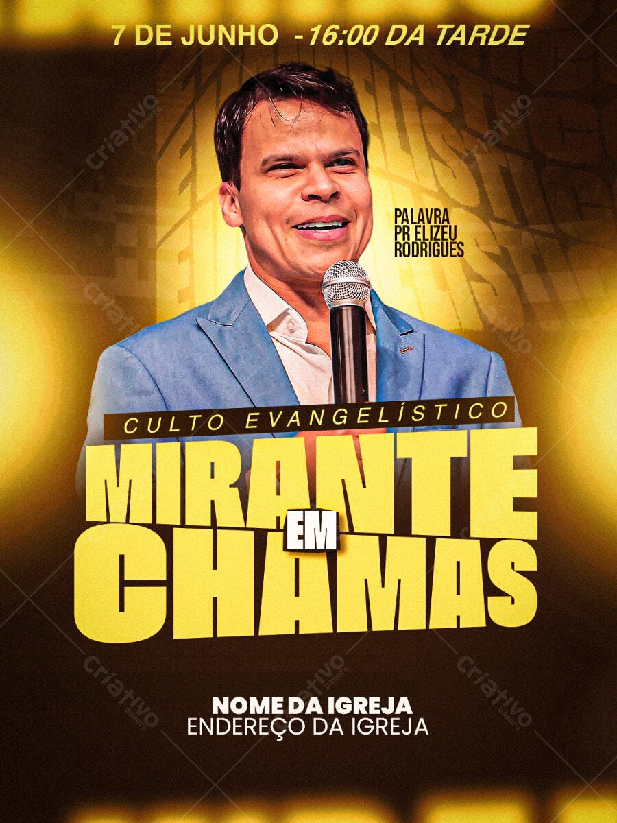 Flyer Culto Evangélico Mirante em Chamas PSD Editável