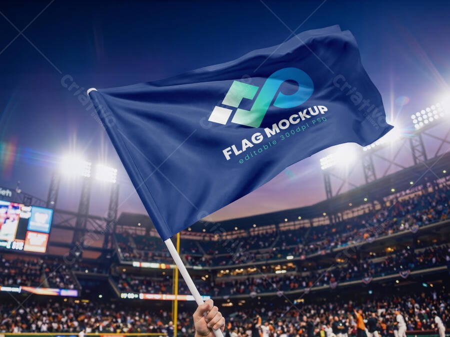 Mockup Bandeira Tecido Mãos Segurando Estádio Editável