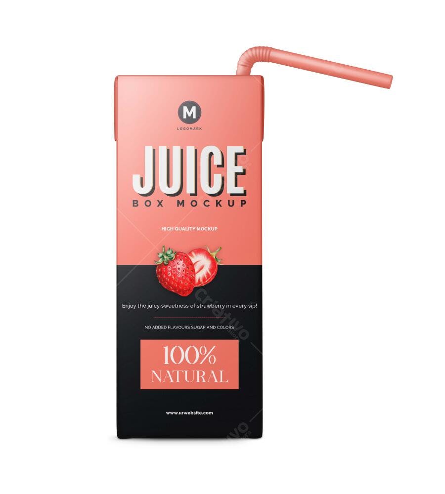 Mockup Caixa de Suco com Canudo Fundo Branco Editável