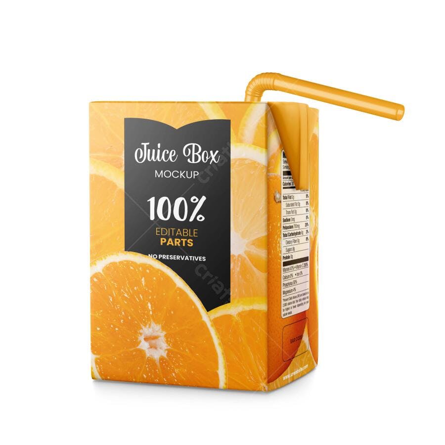 Mockup Caixa de Suco Laranja com Canudo Fundo Branco Editável