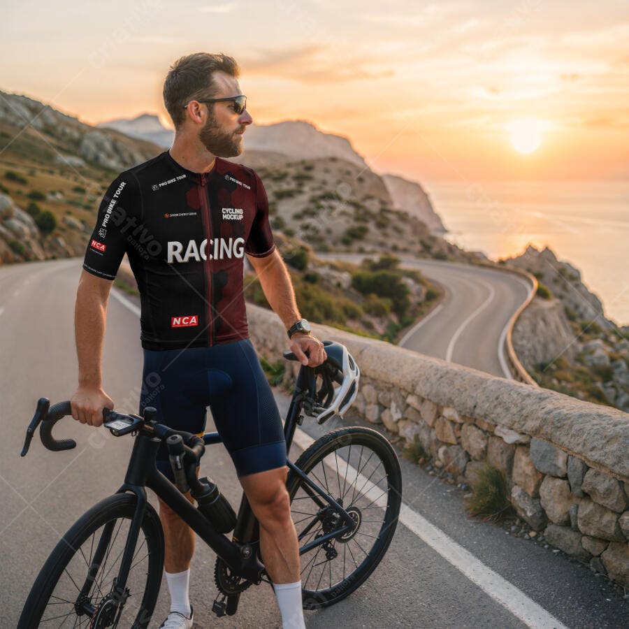 Mockup Camisa Ciclismo Masculina Lifestyle Estrada Editável