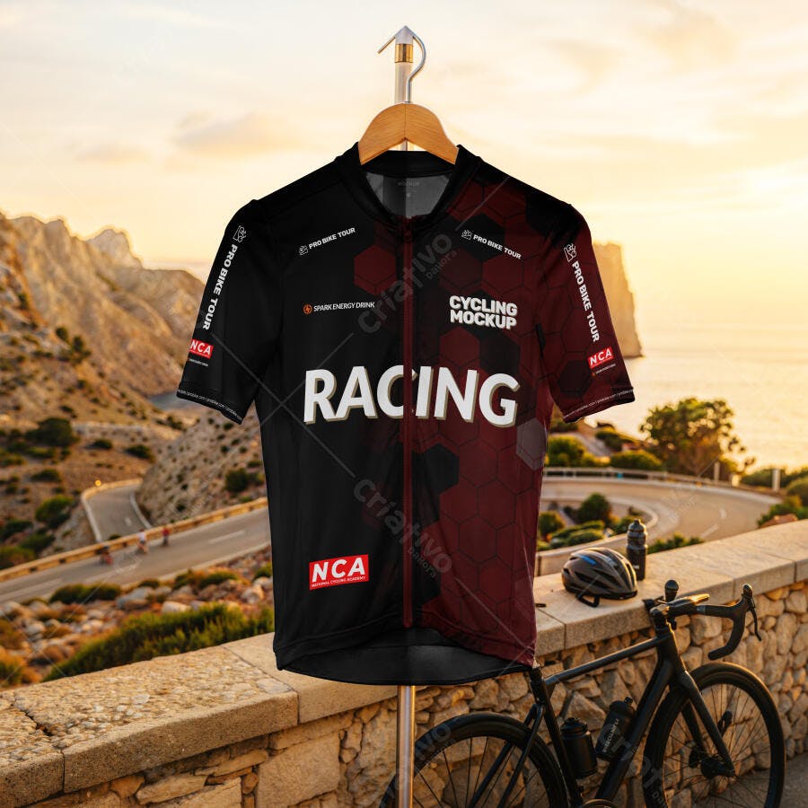Mockup Camisa Ciclismo Masculina Pendurada Cenário Montanha Editável