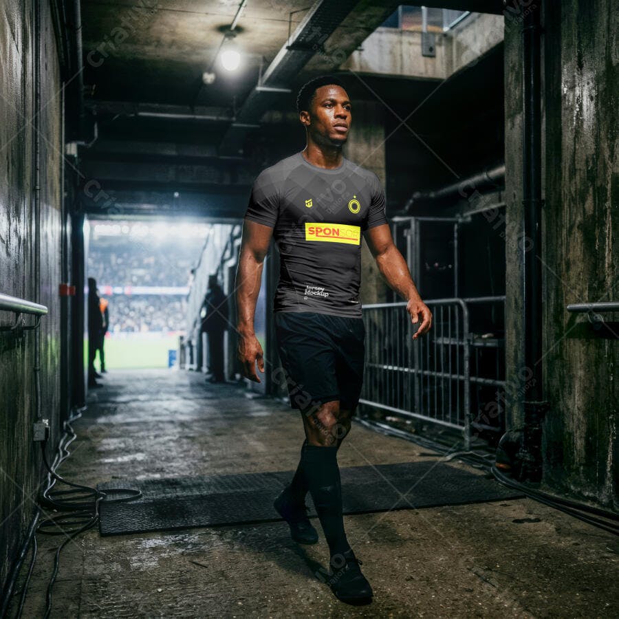 Mockup Camiseta Esportiva Masculina Túnel Estádio Editável