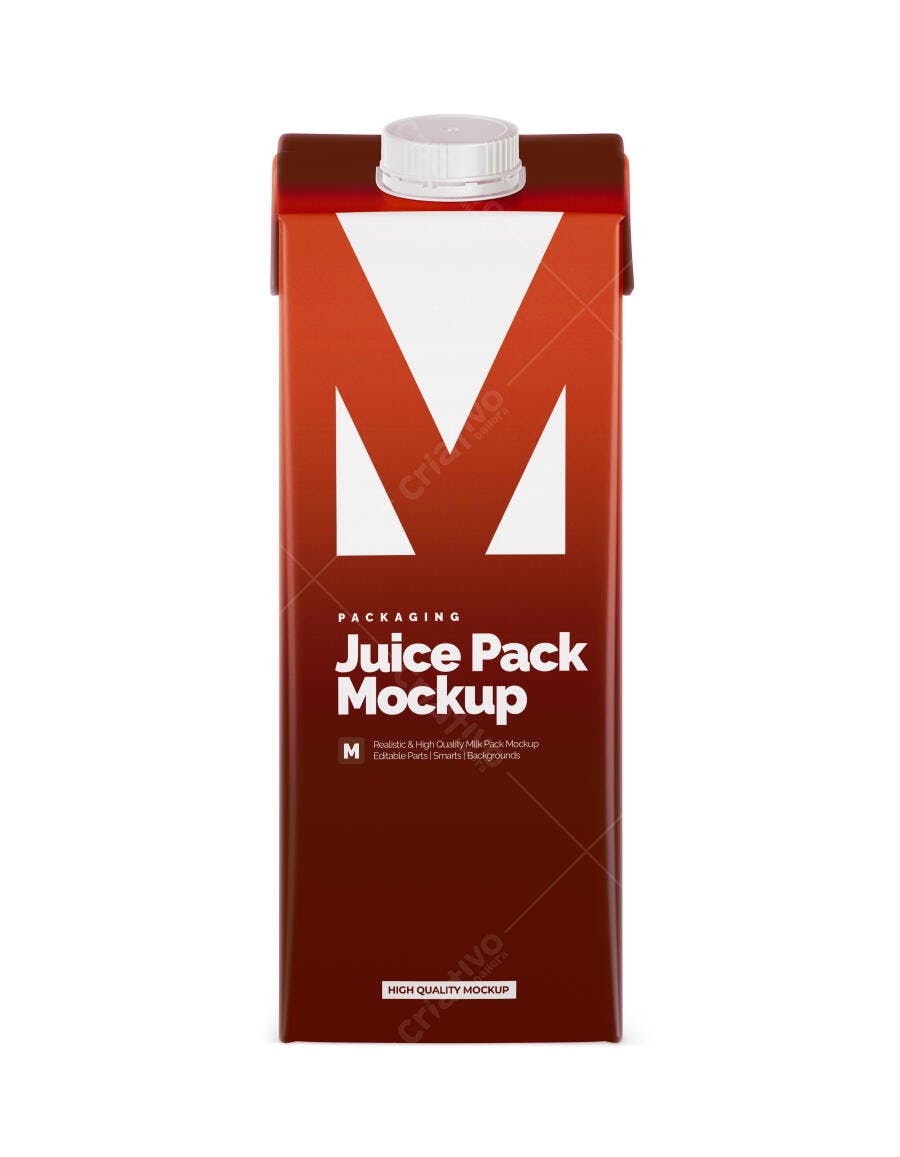 Mockup Embalagem Caixa Suco Leite Frontal Fundo Branco Editável