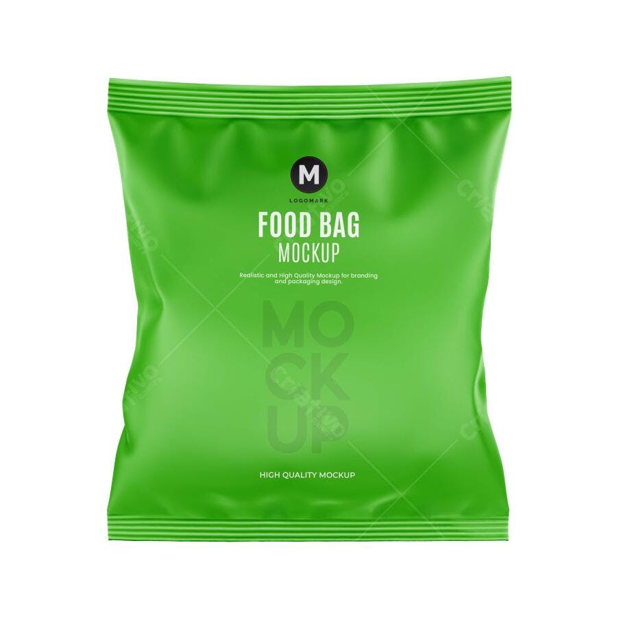 Mockup Embalagem Plástica Alimentos Frontal Fundo Branco Editável