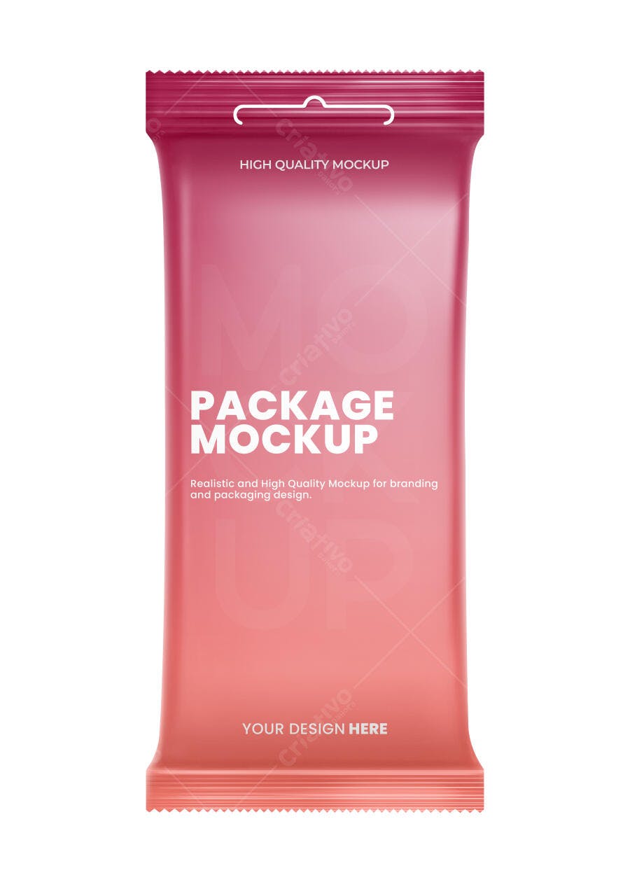 Mockup Embalagem Plástica Rosa Frontal Fundo Branco Editável