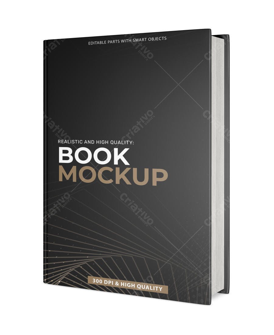 Mockup Livro Capa Dura Preto 3/4 Fundo Branco Editável